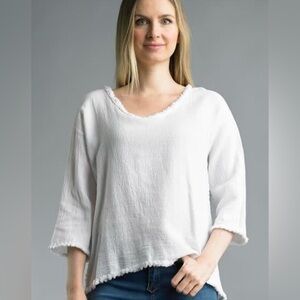 Tempo Paris‎ Top White Fringed Edge Linen Pull Over Top Blouse Women's Small